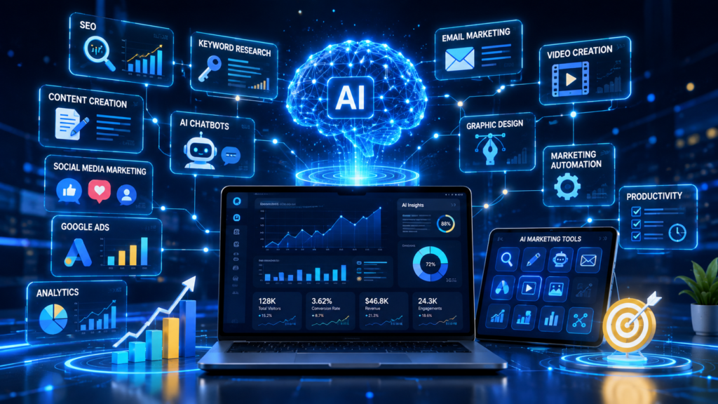 20 free AI tools for digital marketing including SEO, content creation, social media and analytics